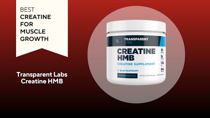 Transparent Labs blue raspberry flavored Creatine HMB Supplement in a white plastic tub with black and blue lettering